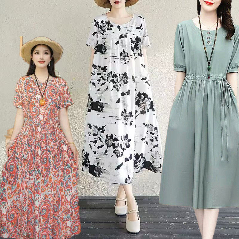 夏季棉绸碎花收腰过膝妈妈连衣裙