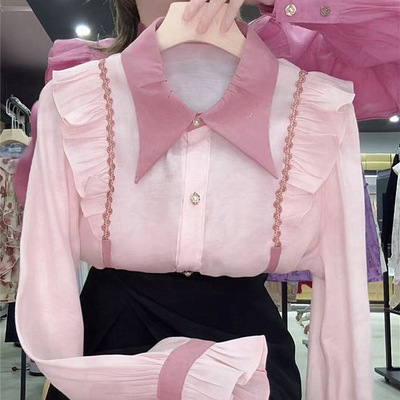 夏季薄款凉爽丝滑港风荷叶边衬衫女上衣孕25新款女轻奢飞飞袖衬衣