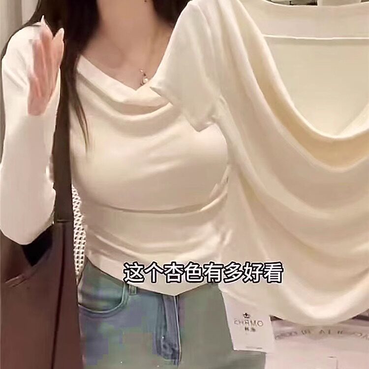 2026夏季一字肩性感纯欲风短袖褶皱收腰正肩女修身T恤短款小上衣