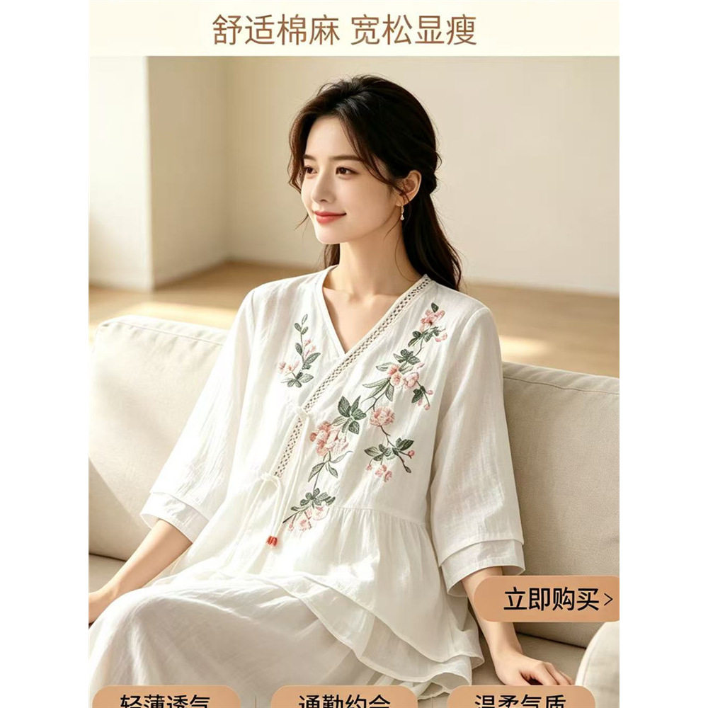 夏季新中式苎麻盘扣中袖茶服上衣