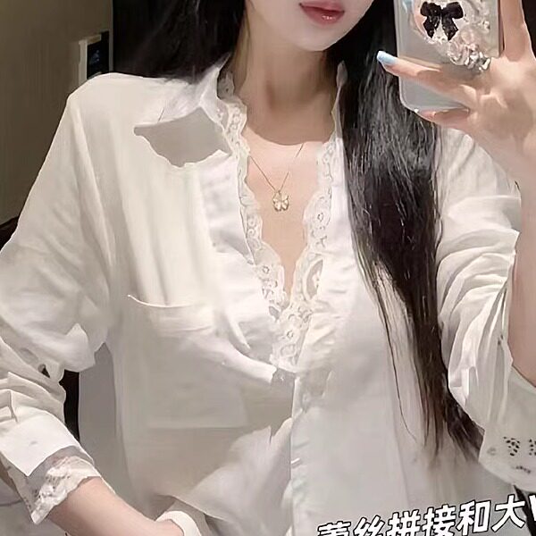 韩版小众纯欲辣妹假两件防晒衬衫女蕾丝拼接性感长袖衬衣夏季绝美