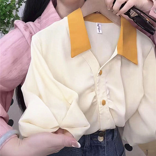别致上衣减龄设计感泡泡袖 春夏新款 女装 POLO领休闲短袖 撞色领 衬衫
