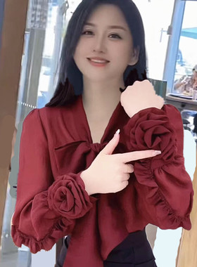 有加绒2025新款花朵衬衫设计感小众薄长袖衬衫女遮肉春秋雪纺上衣