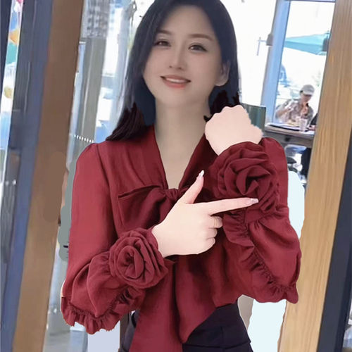 雪纺纱2026新款花朵女爆款洋气订婚伴新娘薄款衬衫孕长袖夏春上衣