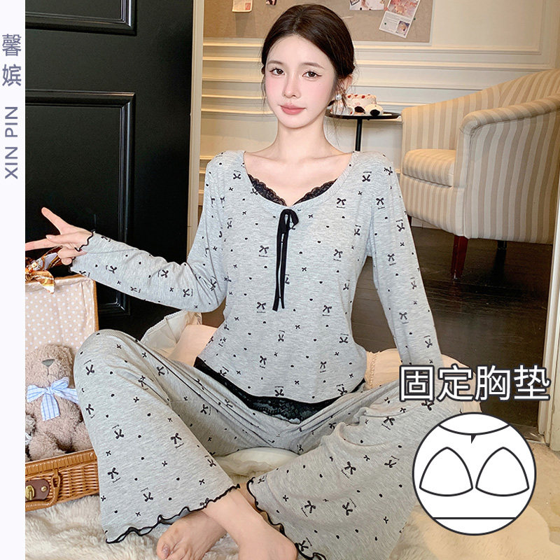 带胸垫睡衣女莫代尔长袖长裤套装