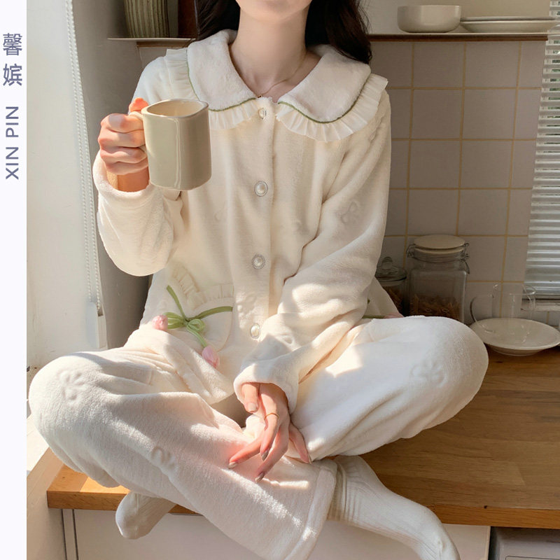 公主风珊瑚绒睡衣女开衫保暖套装