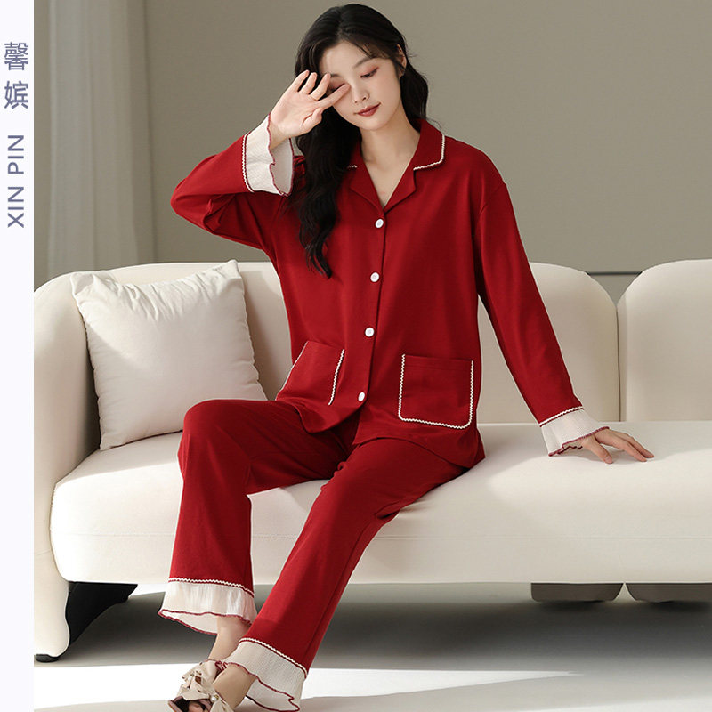 睡衣女纯棉红色结婚大码开衫套装