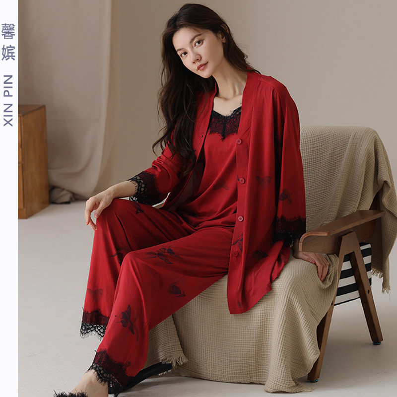 馨嫔春秋季女纯棉红色本命年睡衣