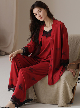 馨嫔家居服女春秋纯棉长袖红色结婚性感V领蕾丝吊带纯欲风三件套