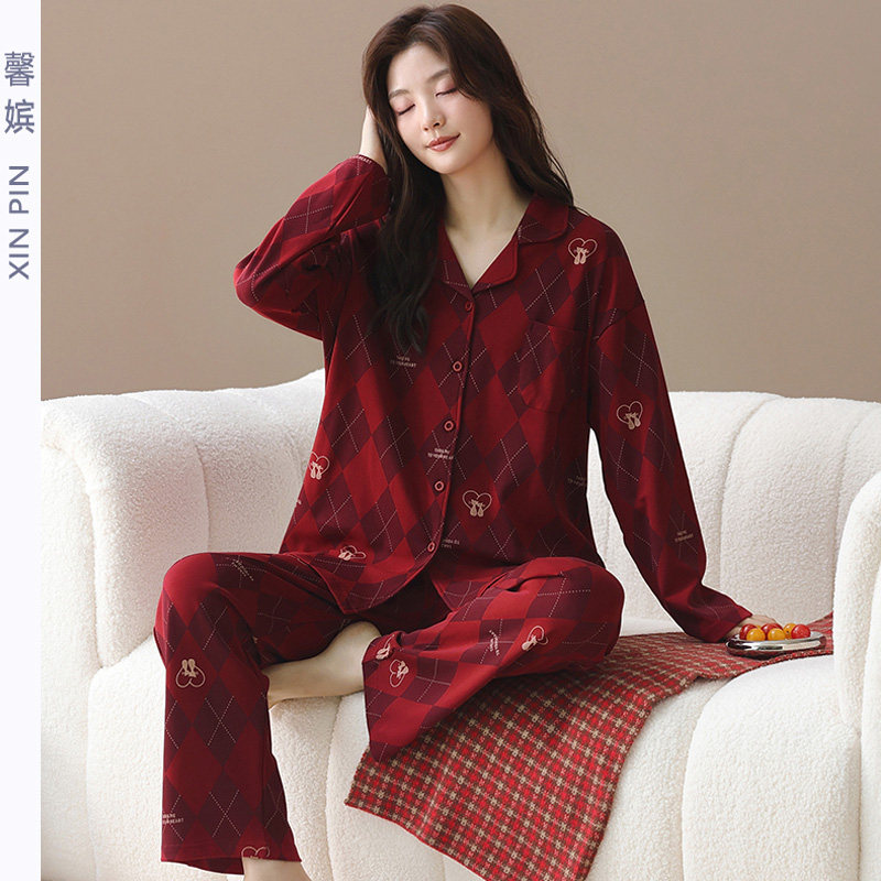 红色本命年睡衣女秋开衫长袖套装