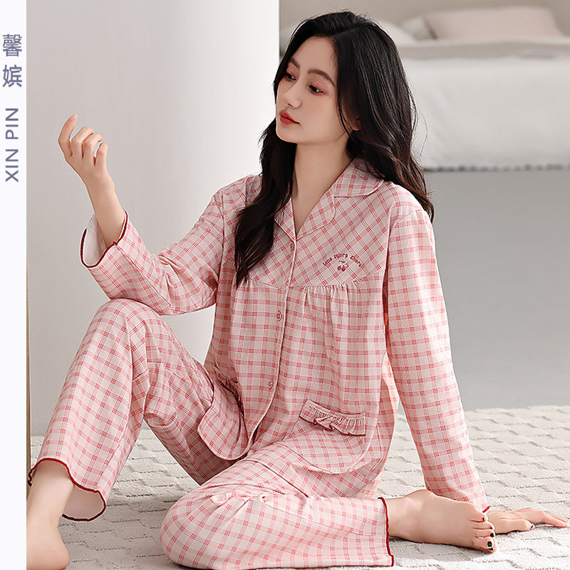 中年妈妈睡衣女纯棉长袖开衫套装