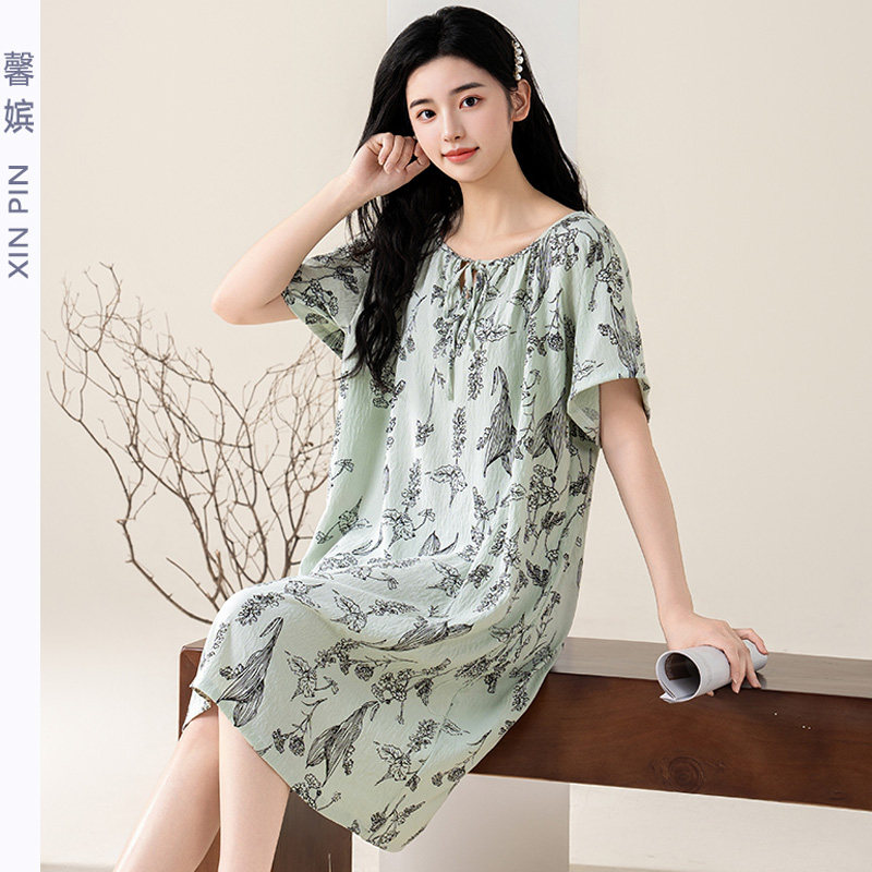 短袖睡裙女云朵棉印花宽松中长裙