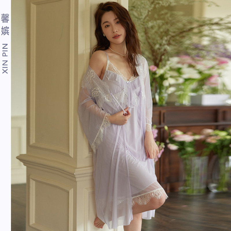 网纱睡裙女夏性感带胸垫两件套裙