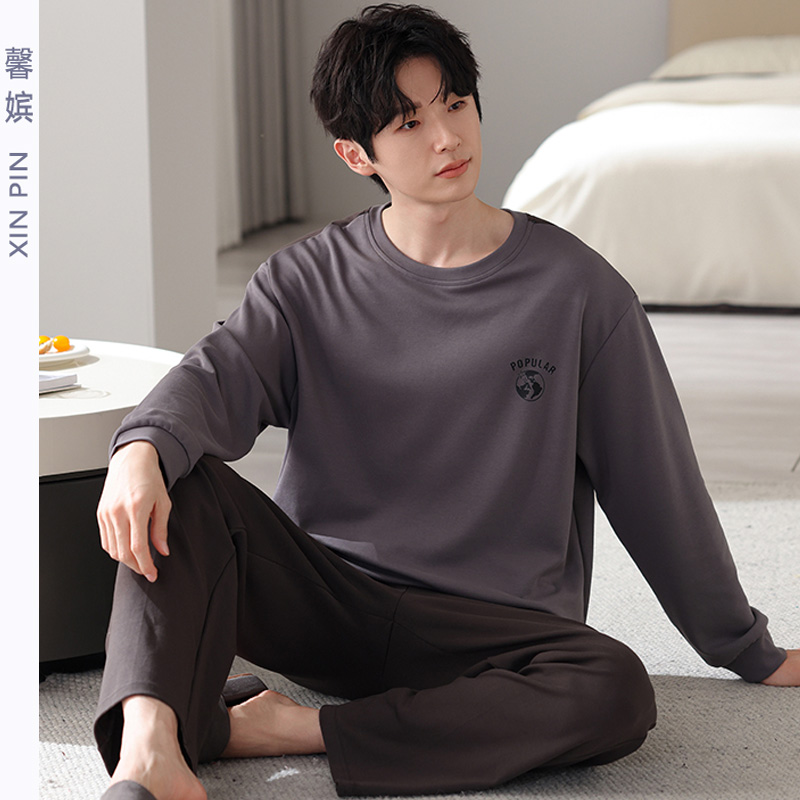 新款长袖家居服男士纯棉圆领加大码中青年套头运动可外穿睡衣套装