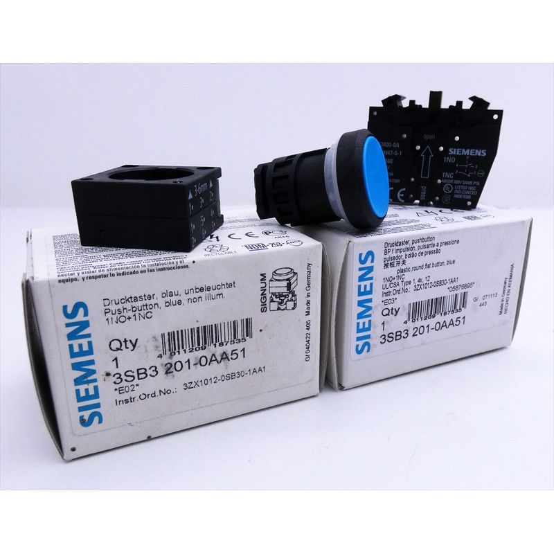 2x Siemens 3SB3 201-0AA51 E-Stand: var Drucktaster, blau -un