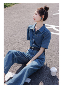 高级感复古牛仔连体裤女春秋新款韩版收腰显瘦小个子套装减龄工装