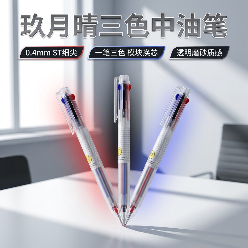 超顺滑三色透明杆按动中油笔