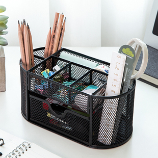 得力金属网纹笔筒多功能九格收纳盒大容量时尚办公桌网格笔筒8902