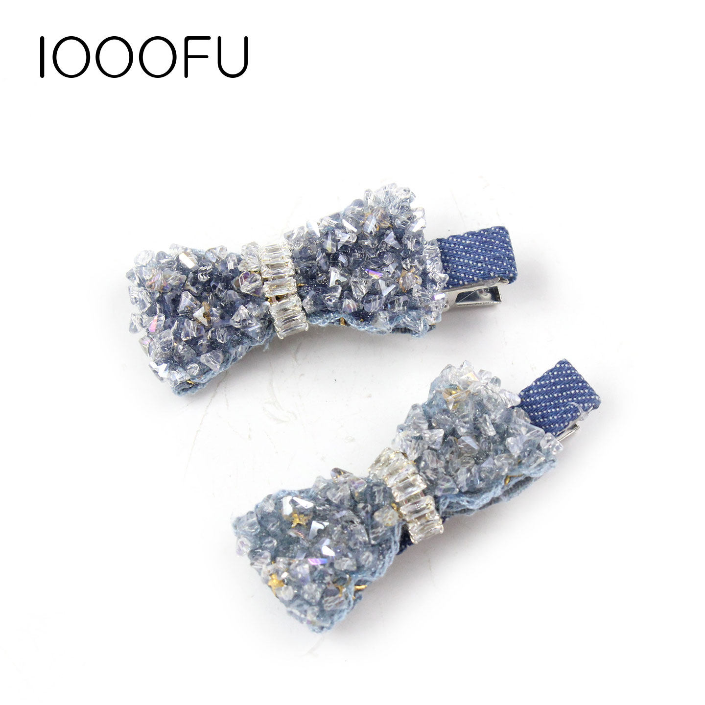 韩国重工闪钻牛仔布蝴蝶结发夹水晶布艺短款鸭嘴夹刘海夹对夹发卡