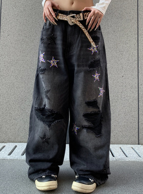 新款潮牌宽松直筒黑色水洗假破洞牛仔裤男91010款