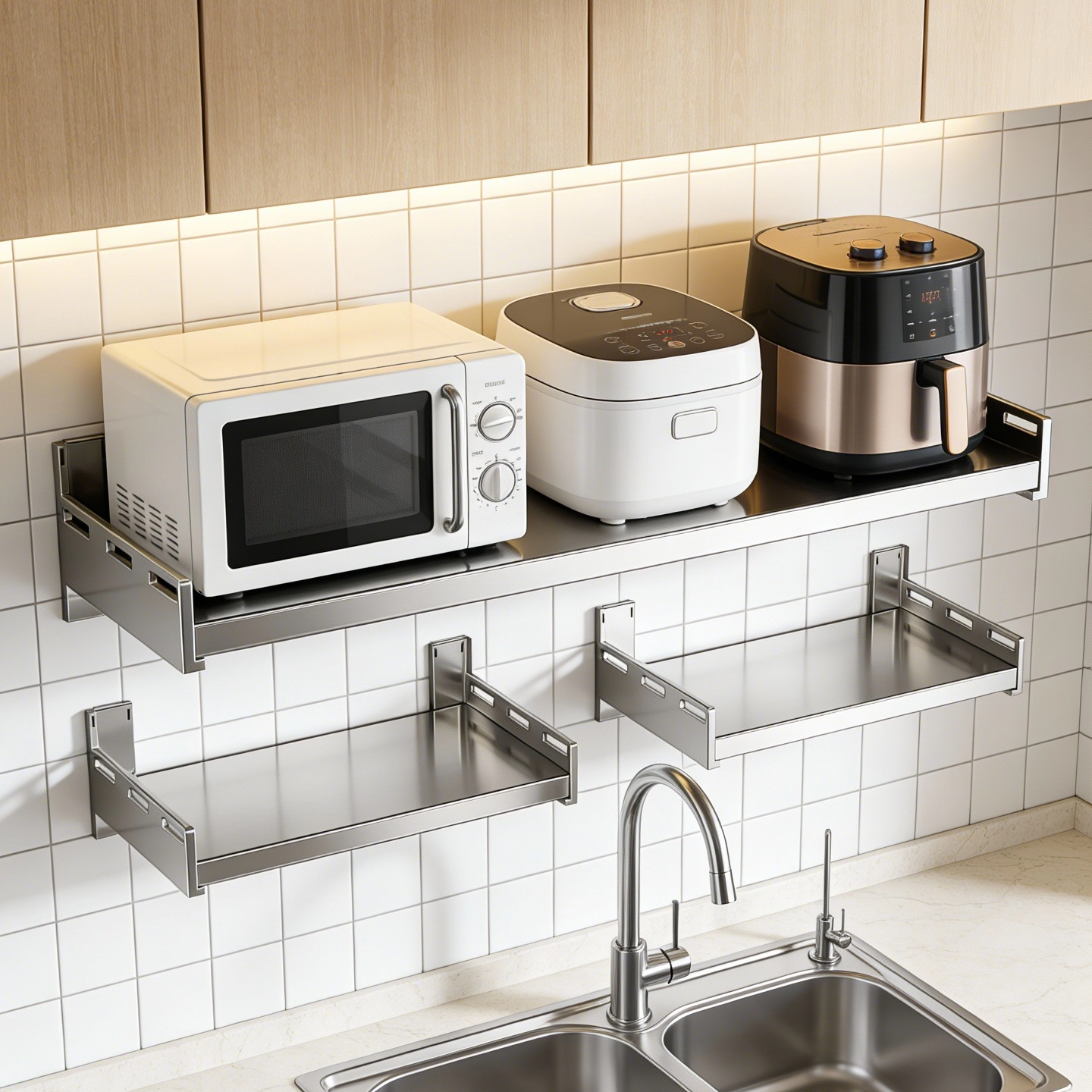 不锈钢厨房置物架壁挂式微波炉架调料架电饭煲空气炸锅收纳架