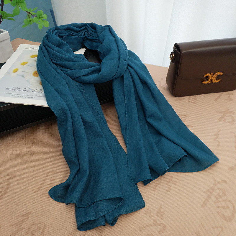 2025新款纯色棉麻围巾女秋冬薄款长款护颈围脖百搭丝巾披肩湖蓝色