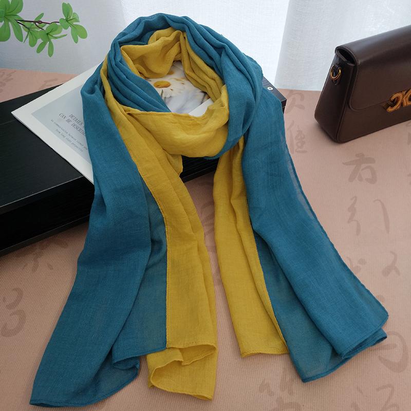 2025新款围巾女秋冬薄棉麻丝巾文艺拼接长款百搭护颈保暖围脖披肩