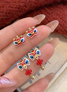 msj喜庆红色毛绒醒狮流苏耳环女银针2026新年新中式国风福字耳饰