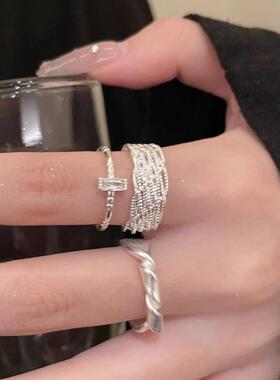 甜酷叠戴车花精致戒指女几何多层