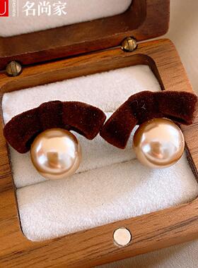 msj银针植绒蝴蝶结珍珠耳环小众独特复古耳钉简约百搭高级感耳饰