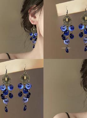 名尚家海谷蓝~蓝色流苏贝壳耳环海边度假绚丽长款耳钉百搭感耳饰