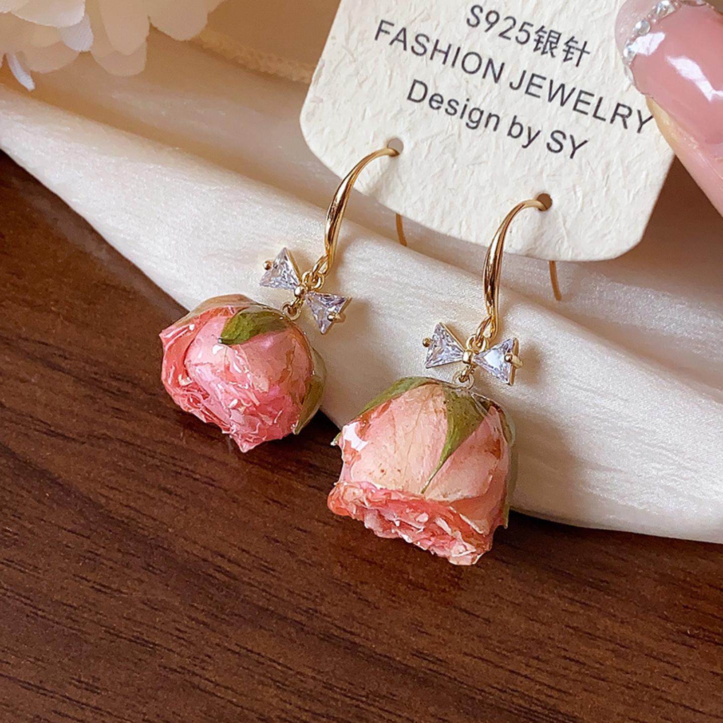 小清新蝴蝶结永生花玫瑰粉色耳钩