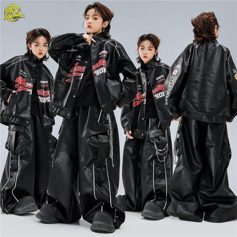 儿童嘻哈街舞潮服男女童酷帅机车皮衣皮裤hiphop架子鼓走秀演出服