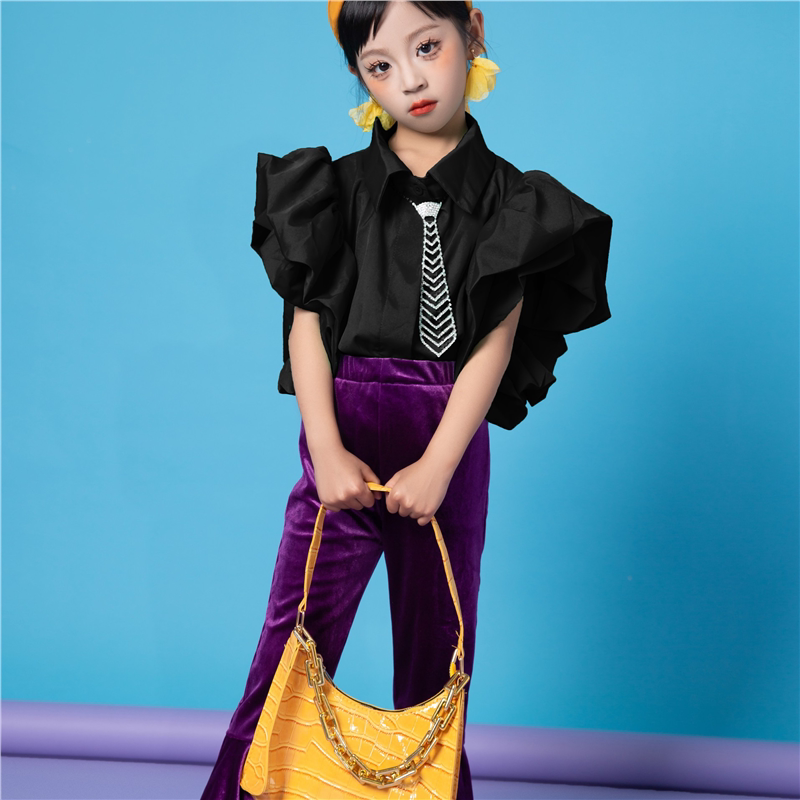 走秀主题复古儿童喇叭裤708090女童紫色演出服幼儿园年代港风T台