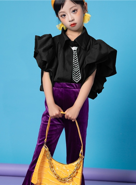 708090主题女童喇叭裤走秀年代港风复古儿童幼儿园紫色T台演出服