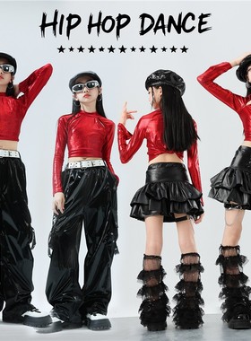 儿童爵士舞服装红色女团舞蹈打歌套装甜酷黑皮裙女童走秀潮演出服