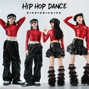 儿童爵士舞服装红色女团舞蹈打歌套装甜酷黑皮裙女童走秀潮演出服