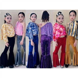 舞蹈衬衣集体原创女童T台港风套装走秀花亲子演出喇叭裤六一复古