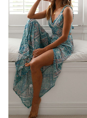 Women Summer Sexy Tie-up Waist Open-forked Printed Dresses