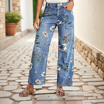 Women's Printed Straight-Leg Wide-Leg Jeans 印花牛仔直筒女裤