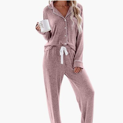 Solid Color Women's Collared Button Pajama Set女翻领睡衣套装