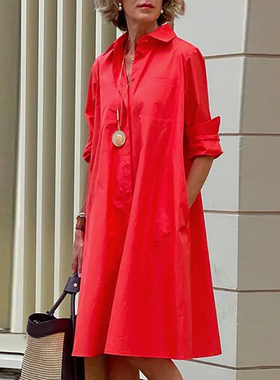 Simple fashion long-sleeve lapel loose shirt dress长袖衬衫裙