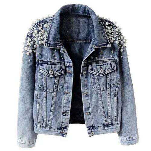 New Spring Casual Women's Studded Denim Jacket女钉珠牛仔外套