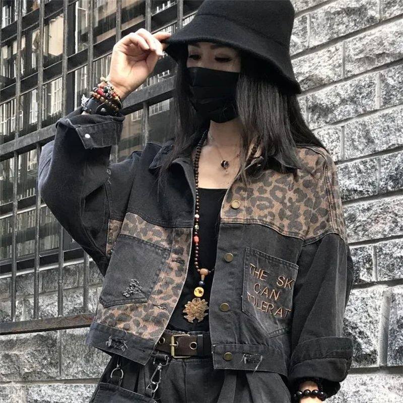 Leopard print patchwork ripped denim jacket 豹纹拼接牛仔外套