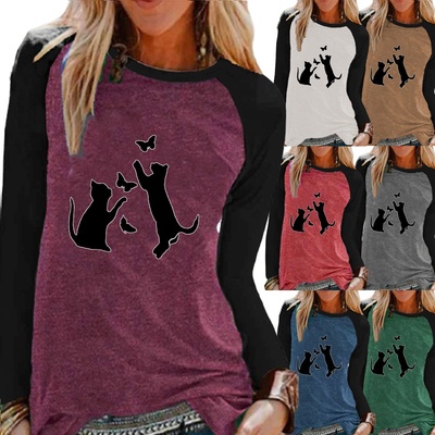 春秋猫咪图案印花圆领撞色上衣cat print crew neck contrast top