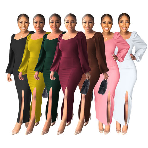 New Women's Long-Sleeve Sexy Slit Maxi Dress新款女装连衣长裙