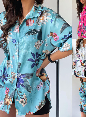 2023欧美长袖翻领女士印花衬衫Long sleeved lapel printed shirt