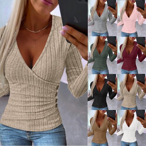 Simple long-sleeve V-neck pullover women's knit T-shirt女t恤