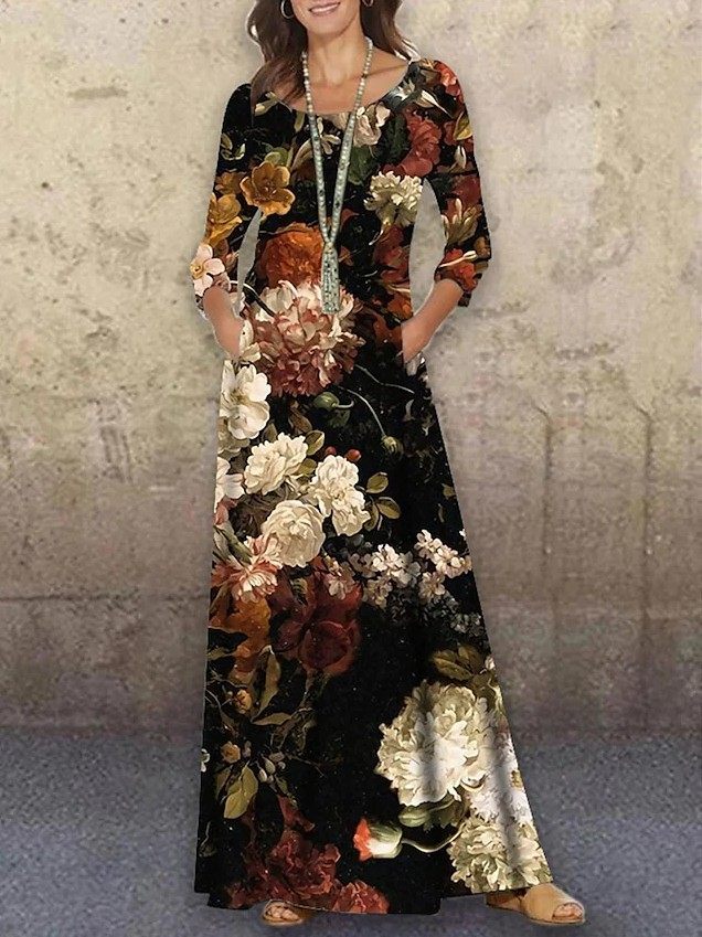 女时尚复古宽松印花长裙Fashion Vintage Loose Print Long Dress,女装/女士精品,连衣裙,淘宝优惠券,粉丝福利购,淘宝优惠卷
