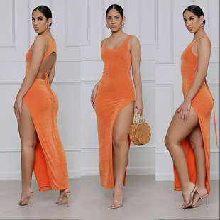 Sexy Backless Sleeveless Vest 纯色露背女裙 Solid Dress Color